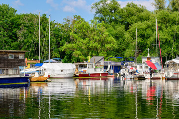 boats in a marina community in summer with green trees and blue sky shot on the toronto islands in...