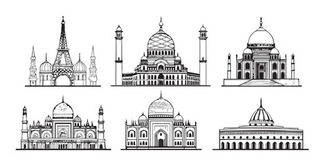 Collection of indian architectural landmarks silhouette