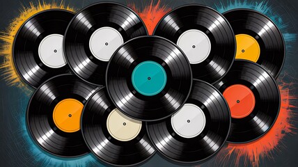 Collection of colorful vinyl records on dark background