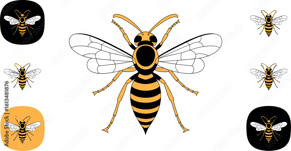 Poster illustration of a wasp with black and yellow stripes and multiple wasp icons on different background