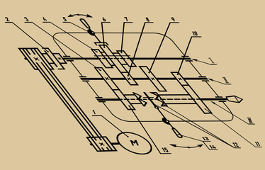 Kinematic diagram of gearbox, vector illustration