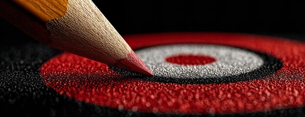 Macro Shot of Pencil Drawing on Target Center with Red Circle and Black Border on White Paper, Office Concept Isolated on Dark Background