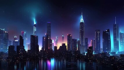 Modern city skyline illuminated at night with glowing skyscrapers reflected in the river, showcasing vibrant urban life and futuristic architecture. - Powered by Adobe