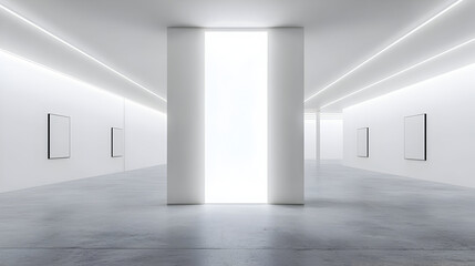 Modern gallery interior, minimalist, bright, clean, empty.  Empty exhibition hall with blank art frames, showcasing bright lighting