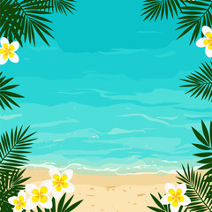 Tropical Beach and Ocean Illustration with Palm Leaves and Plumeria Flowers Frame. Summer Vacation Background