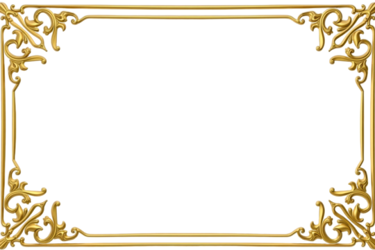 A decorative golden frame with intricate designs on a transparent background. The frame features ornate patterns and a classic style, suitable for various uses.