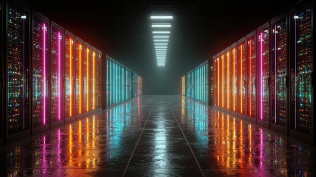 Futuristic server room lit by vibrant neon lights