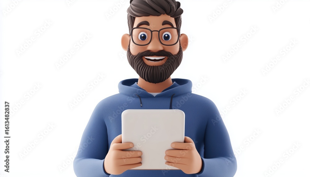 Poster blue man with laptop and smartphone, appearing cute and happy. graphic representing software enginee
