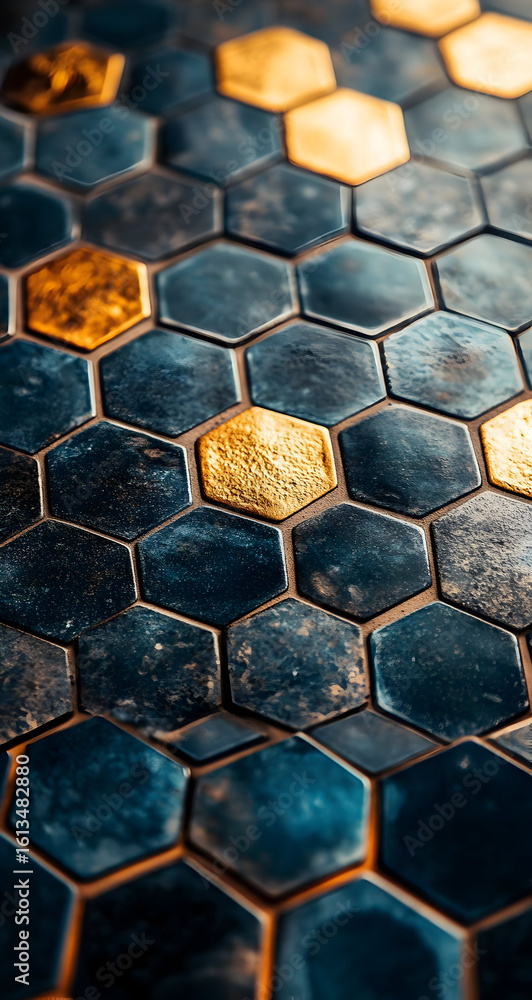 Poster dark teal and gold hexagonal tiles create a luxurious and geometric pattern.