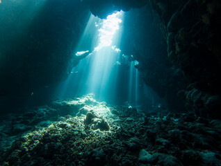 Landscape view of sunlight sunbeams dancing from the surface in underwater sea cave with rock walls