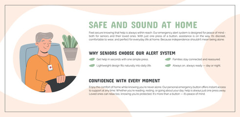Vector banner with senior old man wearing emergency alert necklace. Flat cartoon template promoting home safety and medical response system for elderly care and peace of mind.