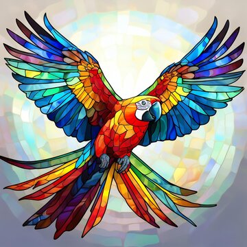 A vibrant stained glass parrot spreads its colorful wings, symbolizing freedom and beauty in nature's artistry.
