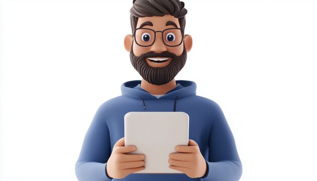 Blue Man With Laptop And Smartphone, Appearing Cute And Happy. Graphic Representing Software Engineer, Web Development, And Programming For Website Creation.