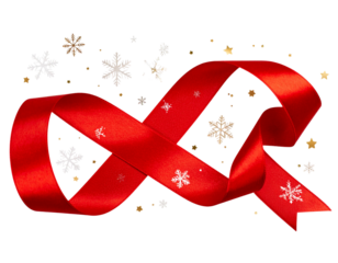 Curled Red Ribbon with Falling Snowflakes and Golden Sparkles, PNG Transparent.