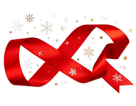 Curled Red Ribbon with Falling Snowflakes and Golden Sparkles, PNG Transparent.