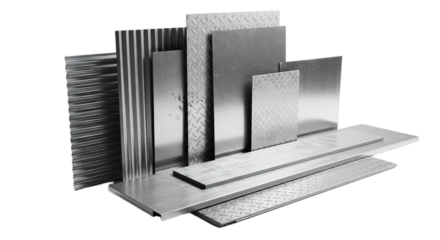 Various metal sheets and plates arranged on a transparent background. Includes different textures and sizes, showcasing industrial materials.