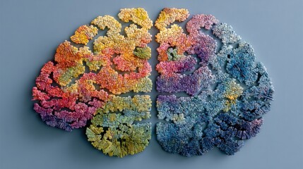 Colorful brain halves on a muted background