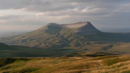 Fototapeta premium A majestic mountain rises above rolling green hills under a dramatic sky, showcasing nature's serene beauty.