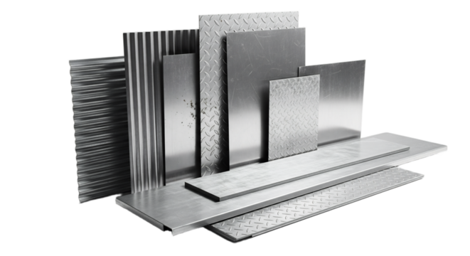 Various metal sheets and plates arranged on a transparent background. Includes different textures and sizes, showcasing industrial materials.