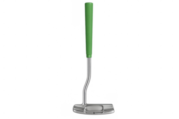 Golf putter featuring green grip, positioned for putting on putting green surface