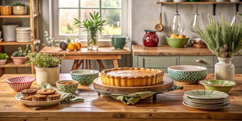 Rustic kitchen table scene featuring a delectable homemade pie, accompanied by assorted baked goods and charming rustic crockery, creating a warm and inviting atmosphere.