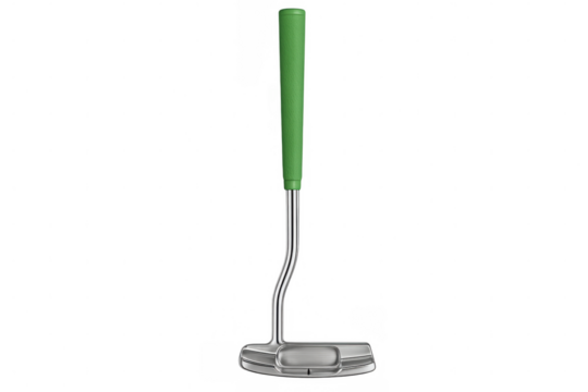 Golf putter featuring green grip, positioned for putting on putting green surface