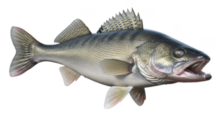 Detailed studio shot of a large predatory walleye fish with open mouth and sharp teeth swimming isolated on transparent background