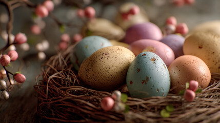Close up of easter eggs in a nest with pink flowers on a blurred background