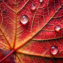 Fototapeta premium Water droplets cling to the intricate veins of a vibrant red leaf
