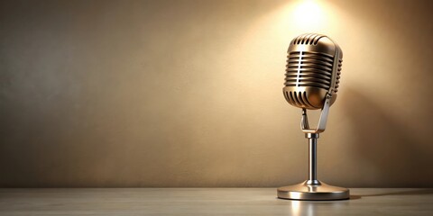 A Classic Microphone Awaits Your Voice on a Simple Wooden Surface Against a Neutral Background