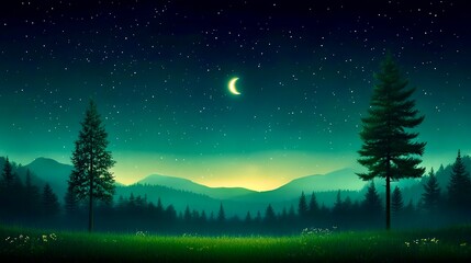 Naklejka premium Night sky illustration of a mountain forest landscape. For your websites, presentations, and designs, this aesthetically generated image is poised to infuse beauty into your creative projects.