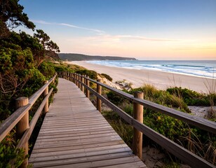 Coastal boardwalk at sunrise