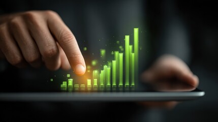 Hand touching a glowing green bar graph on a tablet