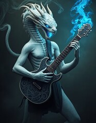 A fierce, humanoid ice dragon with glowing blue eyes and sharp horns shreds an ornately carved electric guitar emitting blue flames – AI Generated Digital Art.