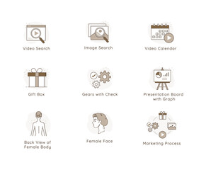Marketing icon, campaign process, settings, gift, image, play symbol vector