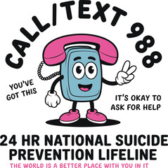 988 Suicide Prevention Lifeline Clipart with Cute Phone Mascot – Mental Health Awareness Design
