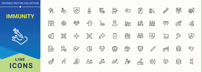 Immunity line icon set. Contains such icons as medical, medicine, vaccination, immune, safe and more. Vaccination simple icon set. Vector artwork and illustration.