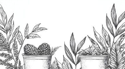 Botanical illustration featuring potted plants and berries, in a hand-drawn style, with various leaf shapes and textures, against a clean white background