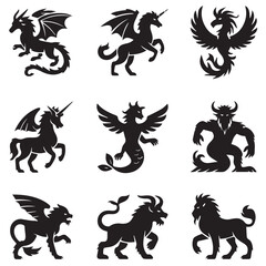 Naklejka premium Vector art of a collection of mythical creature silhouettes including dragons, unicorns, griffins, and a minotaur