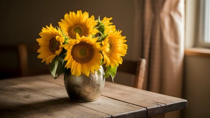 Vibrant sunflowers in a metallic vase, bathed in soft natural light on a rustic wooden table
