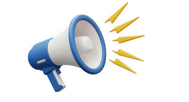 Blue and white megaphone emitting yellow sound waves isolated on transparent background