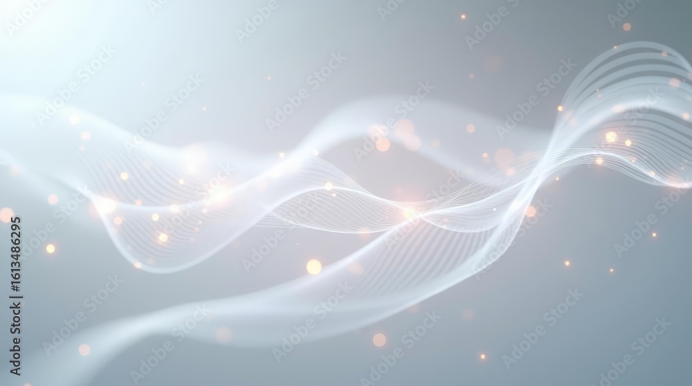 Poster floating glowing light threads in soft white mist for modern high-tech product backgrounds