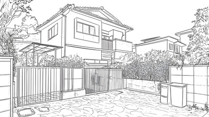 Exterior sketch of a Japanese style house with surrounding landscaping, including a driveway and fence.  Detailed architectural design elements like windows and roofline are clearly depicted