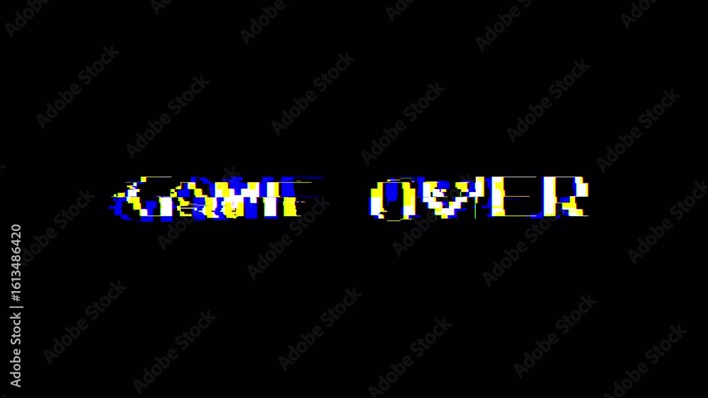 Poster game over text looped animation with glitch effect on green black background. glitch title video gam