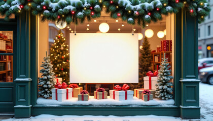 Christmas banner mockup. Holiday window display with blank banner and trees