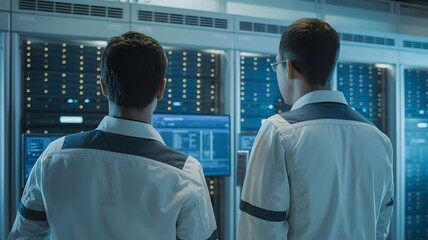 Two technicians in lab coats analyze data on a high-tech control panel with illuminated screens and indicators.