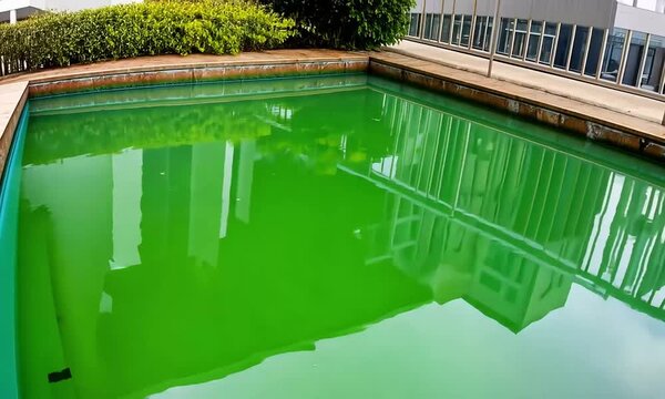 A bright green swimming pool reflecting a building's exterior