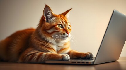 Pet influencer, Ginger Cat Focused on Laptop Screen, Relaxed and Contemplative Pose
