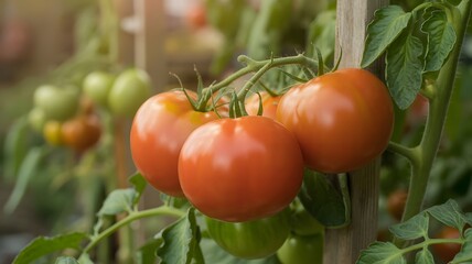 Ripe tomatoes hanging on a vine, surrounded by lush green leaves in a garden setting