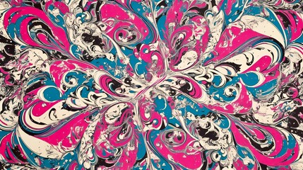 A colorful, psychedelic pattern in a grunge, hippie, surreal style. A vibrant, abstract composition features bizarre shapes,, and iridescent lines, perfect for ethnic, oriental, and festive designs. 